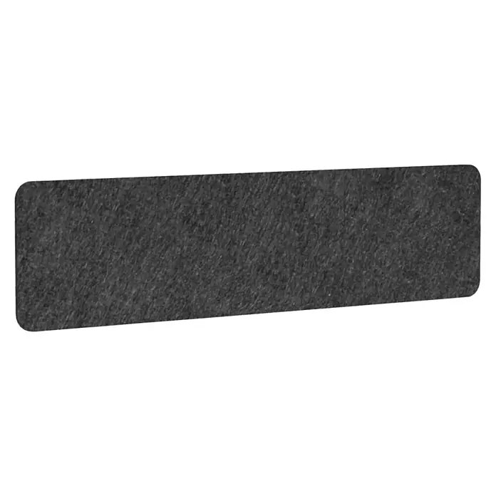 Akustikpaneel AKUSTIX VARIO - L x B x H: 1.600 x 12 x 400 mm - Ein grauer rechteckiger Teppich mit abgerundeten Ecken. Der Teppich hat eine feine, faserige Textur und liegt auf einem schwarzen Hintergrund.