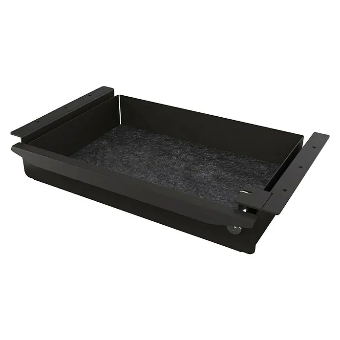 Unterbauschublade STORIT - L x B x H: 270 x 400 x 75 mm, Schwarz - Schwarze, rechteckige Schublade mit einem grauen, filzähnlichen Einsatz und Montageelementen an den Seiten.