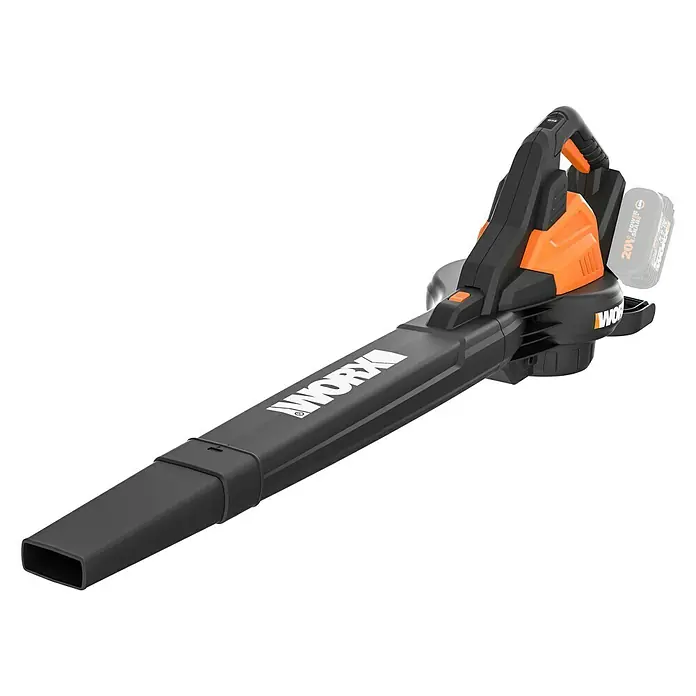 Worx PowerShare 20V Akku-Laubsauger & -Laubbläser WG583E - 2 Akkus, Blasleistung: 575 m³/h, Blasgeschwindigkeit: 335 km/h - Eine akkubetriebene WORX Laubbläser im Schwarz und Orange Design mit einem Akku. Ideal für die Gartenarbeit und Reinigung.