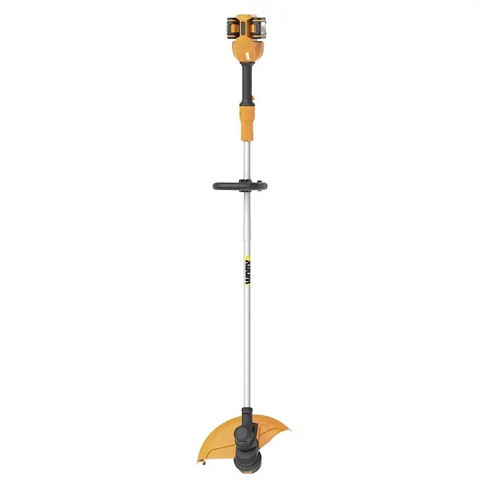 Worx PowerShare 20V Akku-Rasentrimmer WG183E - 40 V, 2 Ah, Li-Ionen, 2 Akkus - Abbildung eines Akku-Rasentrimmers. Das Werkzeug hat eine gelbe und graue Farbe und ist für die Gartenarbeit bestimmt.
