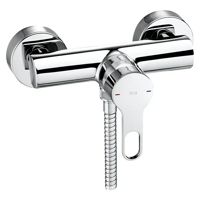 Roca Atis Grifo monomando de ducha - Cromo, Resplandeciente - Esta imagen muestra un elegante grifo de ducha Roca cromado que combina diseño moderno y funcionalidad para tu baño.