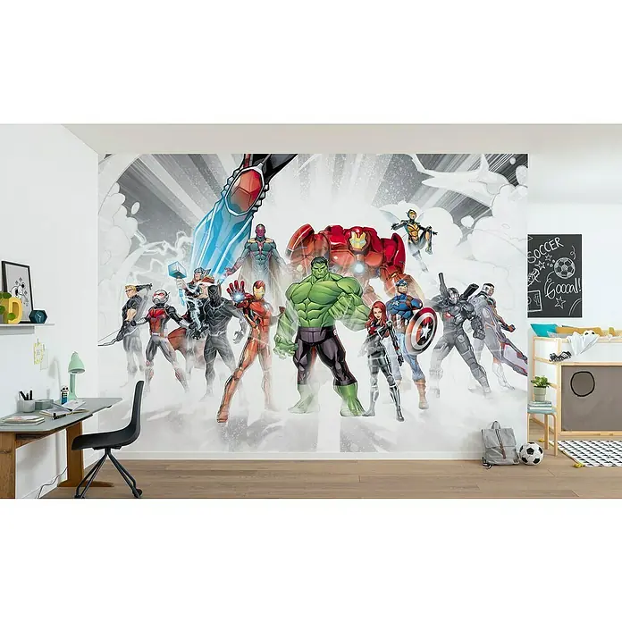 Komar Marvel Fototapete Avengers Unite - B x H: 368 x 254 cm, Papier - Avengers Wandbild im Kinderzimmer mit Schreibtisch und Bett. Superhelden-Dekoration für ein fantasievolles Spielzimmer.