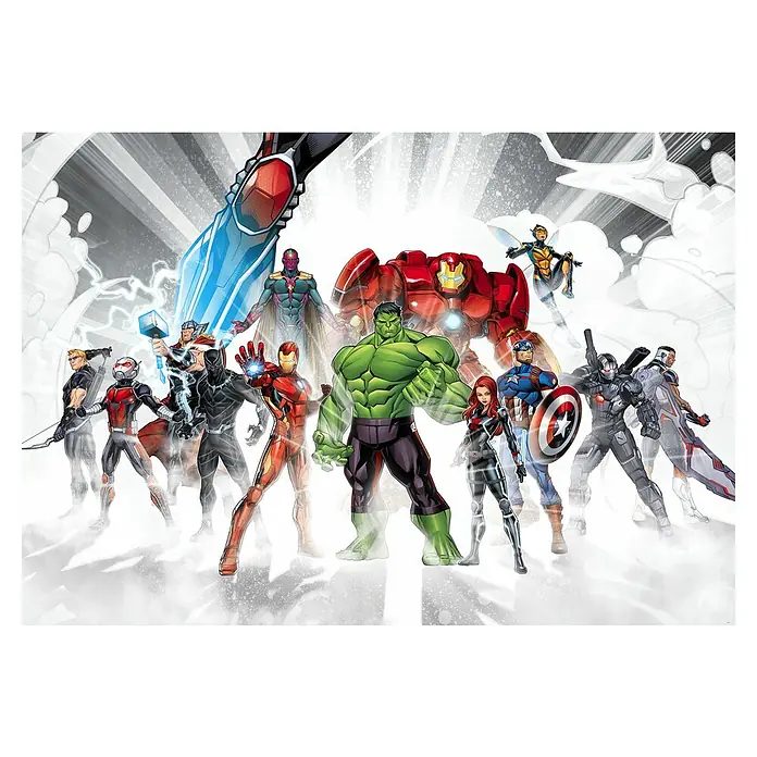 Komar Marvel Fototapete Avengers Unite - B x H: 368 x 254 cm, Papier - Eine Illustration der Avengers, die Hulk, Iron Man und Captain America in einem dynamischen Superhelden-Gruppenbild zeigt.