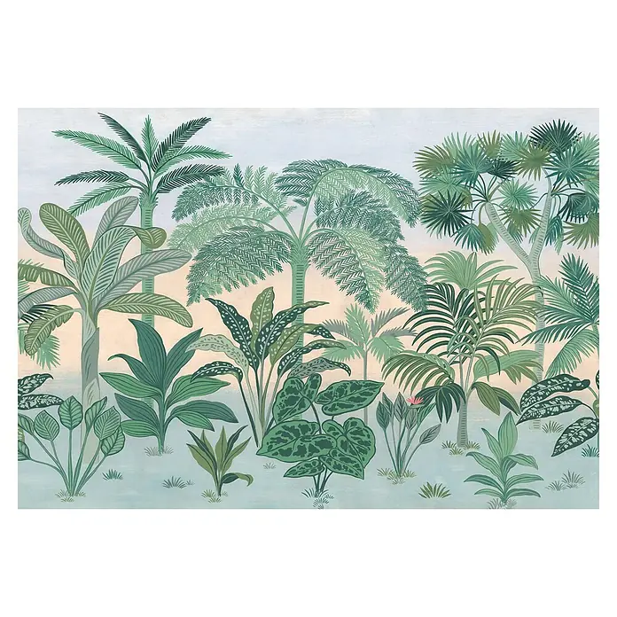 Komar Colours Fototapete Jungara - B x H: 368 x 254 cm, Papier - Illustration von üppigen, grünen tropischen Pflanzen, die eine friedliche und ruhige Dschungelatmosphäre schaffen.