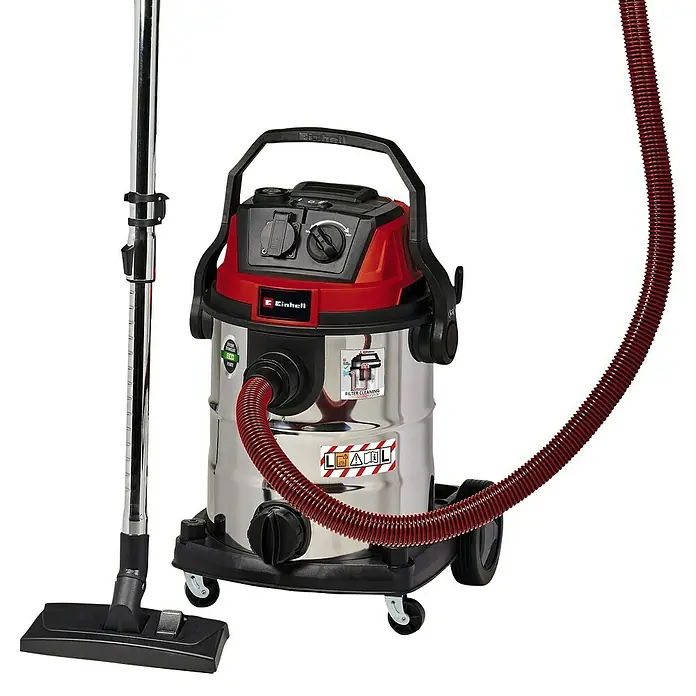 Einhell Expert Elektro-Nass- & Trockensauger TE-VC 2025 SACL - 1.200 W, 25 l - Das Bild zeigt einen Einhell Nass-Trockensauger in Silber und Rot, inklusive Schlauch und Düse, vor einem schwarzen Hintergrund.