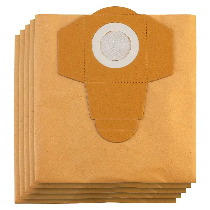 Einhell Staubsaugerbeutel - 20 l, 5 Stk. - Nahaufnahme von Staubsaugerbeuteln aus Papier, die gestapelt sind und einen runden, weißen Filter in der Mitte haben.