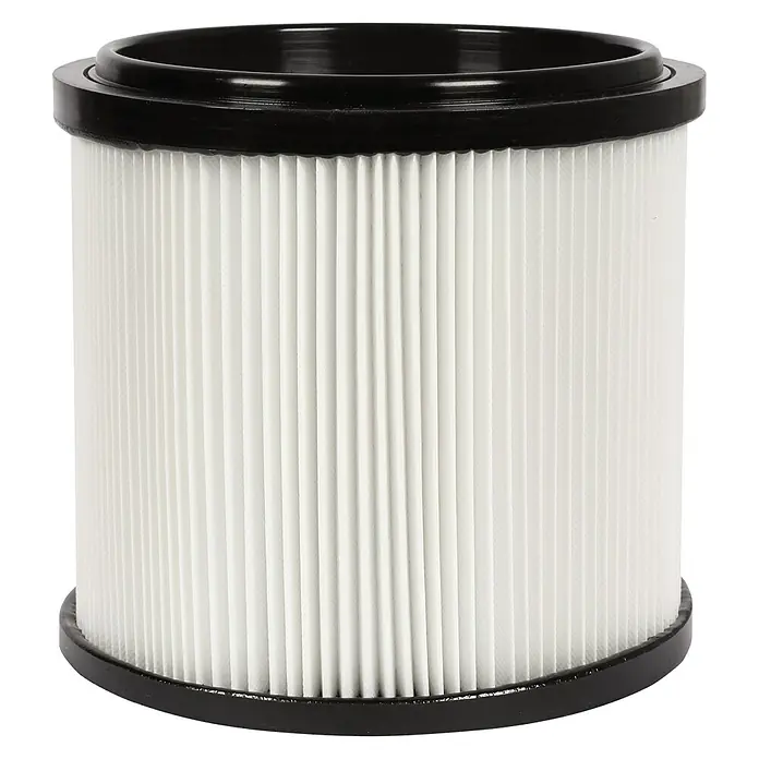 Einhell Faltenfilter - Passend für: Einhell Nass-Trockensauger TE-VC 2025 SACL/TE-VC 2230 SACL/TE-VC 2340 SACL - Nahaufnahme eines Staubsaugerfilters mit schwarzem Rand. Der Filter ist weiß und zylindrisch.