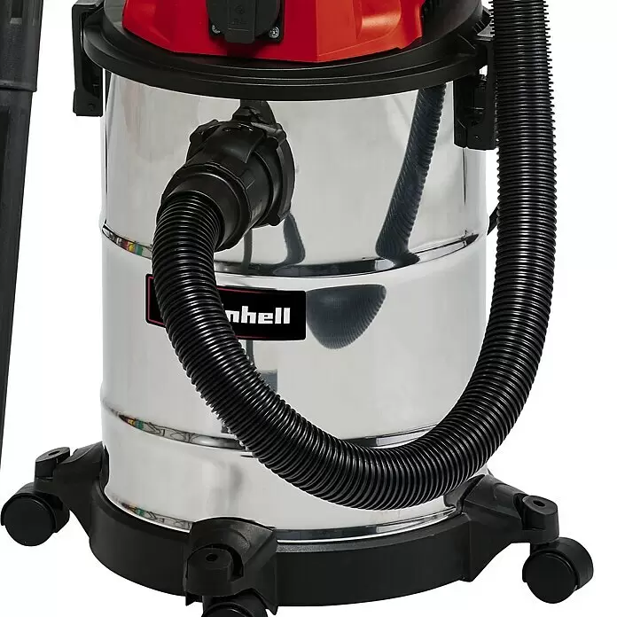 Einhell Elektro-Nass- & Trockensauger TC-VC 1820 SA - 1.250 W, 20 l - Nass-Trockensauger aus Edelstahl mit schwarzem Schlauch, rotem Motorkopf und schwarzem Rollenfuß.