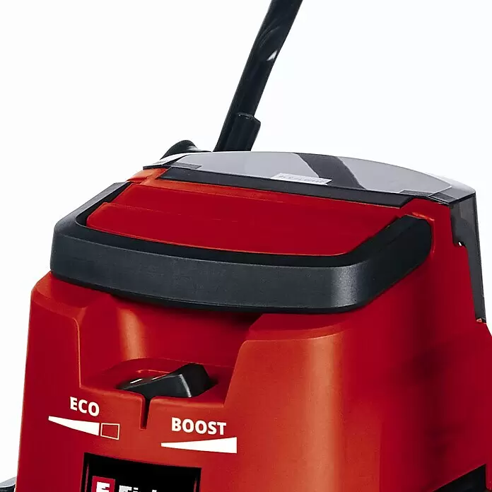 Einhell PXC 18V Aspirador en seco y húmedo de batería TE-VC 36/30 Li S-Solo - 18 V, Sin batería, Volumen de recipiente: 30 l - Parte superior de herramienta eléctrica roja y negra con interruptor 'ECO' y 'BOOST' y cubierta transparente.