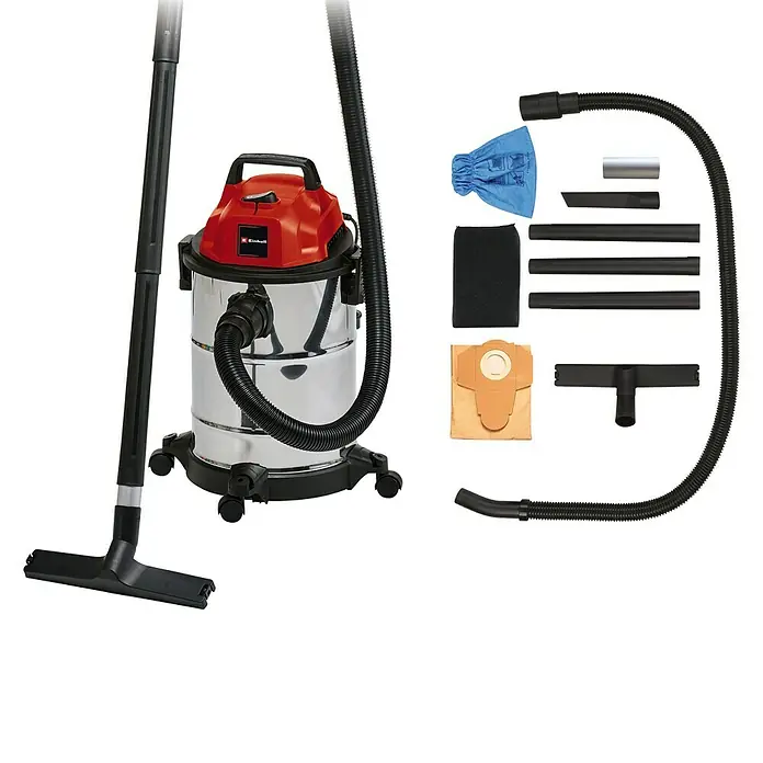 Einhell Elektro-Nass- & Trockensauger - 1.250 W, Behältervolumen: 20 l - Abbildung eines Einhell Nass-Trockensaugers mit Zubehör wie Düsen, Filtern und einem Staubsaugerbeutel.