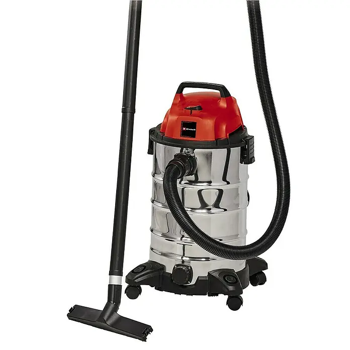 Einhell Elektro-Nass- & Trockensauger TC-VC 1930 S - 1.500 W, 30 l - Ein silberfarbener Nass-Trockensauger von Einhell mit rotem Oberteil, Schlauch und Zubehör für die Reinigung von Werkstätten und Garagen.