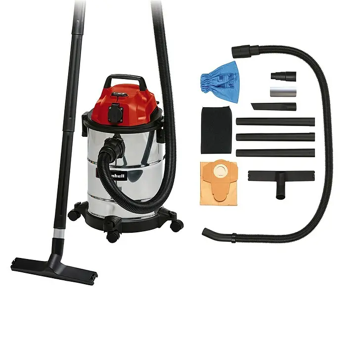Einhell Elektro-Nass- & Trockensauger TC-VC 1820 SA - 1.250 W, 20 l - Einhell Nass-Trockensauger mit Zubehör. Der Staubsauger hat einen Behälter aus Edelstahl und einen roten Deckel.
