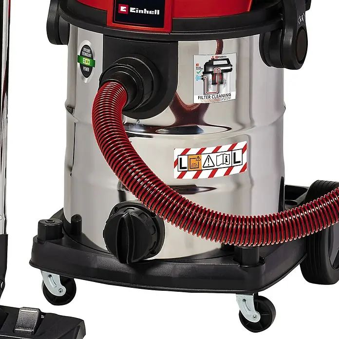 Einhell Expert Elektro-Nass- & Trockensauger TE-VC 2025 SACL - 1.200 W, 25 l - Abbildung eines Einhell Nass-Trockensaugers mit rotem Schlauch und Filterreinigungssystem, ideal für vielfältige Reinigungsaufgaben.