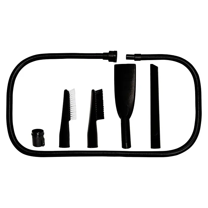 Einhell Reinigungs-Set Autoreinigung - 6 -tlg. - Das Bild zeigt ein Staubsauger-Zubehörset mit verschiedenen Düsen und Bürsten, um Staub und Schmutz effizient zu entfernen.