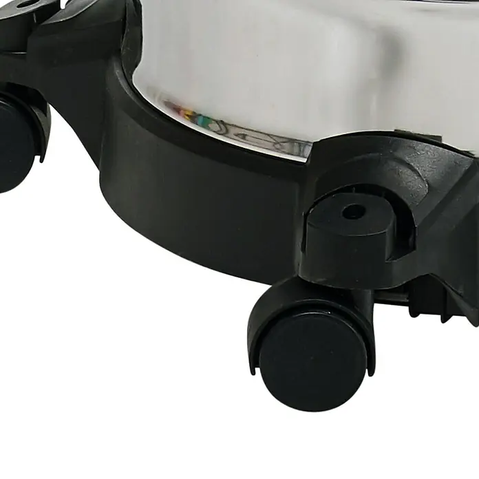 Einhell Elektro-Nass- & Trockensauger - 1.250 W, Behältervolumen: 20 l - Detailaufnahme eines Staubsaugers mit schwarzen Rädern und silberfarbenem Gehäuse, das eine leichte Reflexion aufweist.