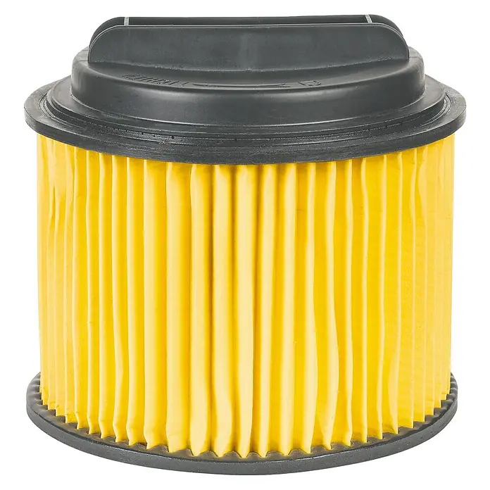 Einhell Faltenfilter Faltenfilter mit Schraubdeckel - Passend für: Einhell Nass-/Trockensauger - Abbildung eines Luftfilters mit gelben Falten und schwarzen Endkappen. Er ist für die Reinigung von Luft in Motoren konzipiert.