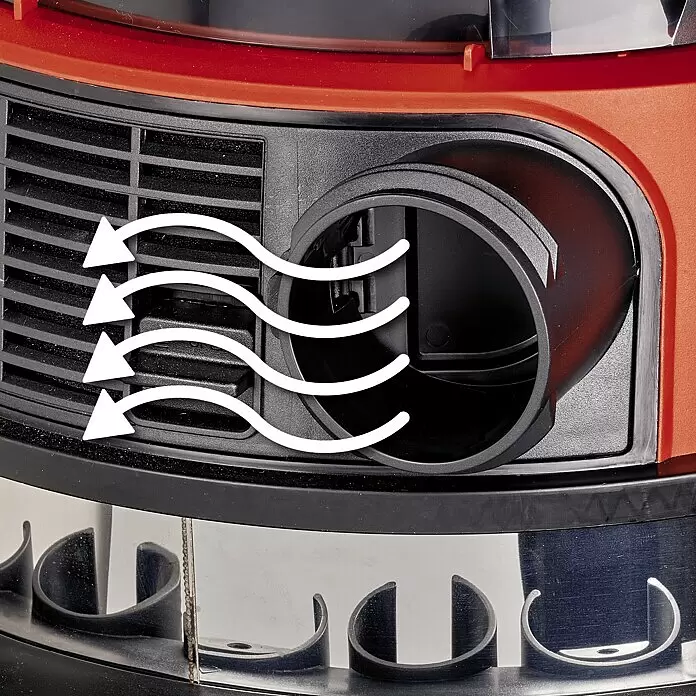 Einhell PXC 18V Aspirador en seco y húmedo de batería TE-VC 36/30 Li S-Solo - 18 V, Sin batería, Volumen de recipiente: 30 l - Aspirador rojo y negro con rejilla de salida de aire y puerto circular. Flechas blancas muestran la función de soplado.