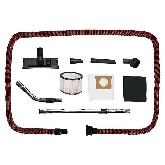 Einhell Expert Elektro-Nass- & Trockensauger TE-VC 2025 SACL - 1.200 W, 25 l - Abgebildet ist ein Staubsauger-Zubehörset mit Düsen, Filtern, Teleskoprohr und einem flexiblen Schlauch. Perfekt für die gründliche Reinigung.