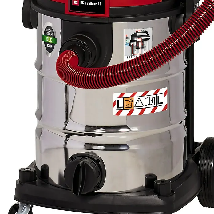Einhell Expert Elektro-Nass- & Trockensauger TE-VC 2230 SACL - 1.400 W, 30 l - Nahaufnahme eines Einhell Nass-Trockensaugers aus Edelstahl mit rotem Schlauch und diversen Aufklebern.