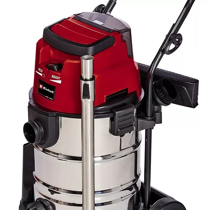 Einhell PXC 18V Aspirador en seco y húmedo de batería TE-VC 36/30 Li S-Solo - 18 V, Sin batería, Volumen de recipiente: 30 l - Aspirador en seco y húmedo rojo y acero inoxidable con detalles negros, ajustes ECO/BOOST y almacenamiento de accesorios.