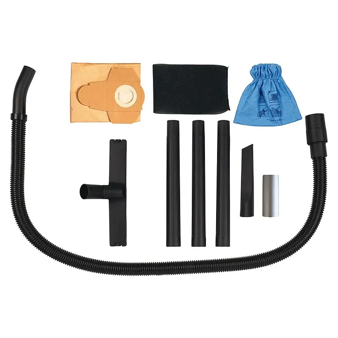 Einhell Power X-Change 18V Akku-Nass-Trockensauger TC-VC 18/15 Li-Solo - 18 V, Ohne Akku, Behältervolumen: 15 l - Das Bild zeigt Staubsaugerzubehör, inklusive Schlauch, Düsen, Verlängerungsrohre, Filter, Staubsaugerbeutel und Staubbeutel.
