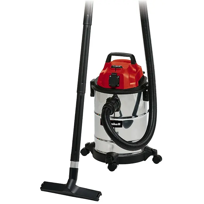 Einhell Elektro-Nass- & Trockensauger TC-VC 1820 SA - 1.250 W, 20 l - Abbildung eines Einhell Nass-Trockensaugers mit rotem Deckel, Chrombehälter, Schlauch und Düse. Ideal für Werkstatt und Haushalt.