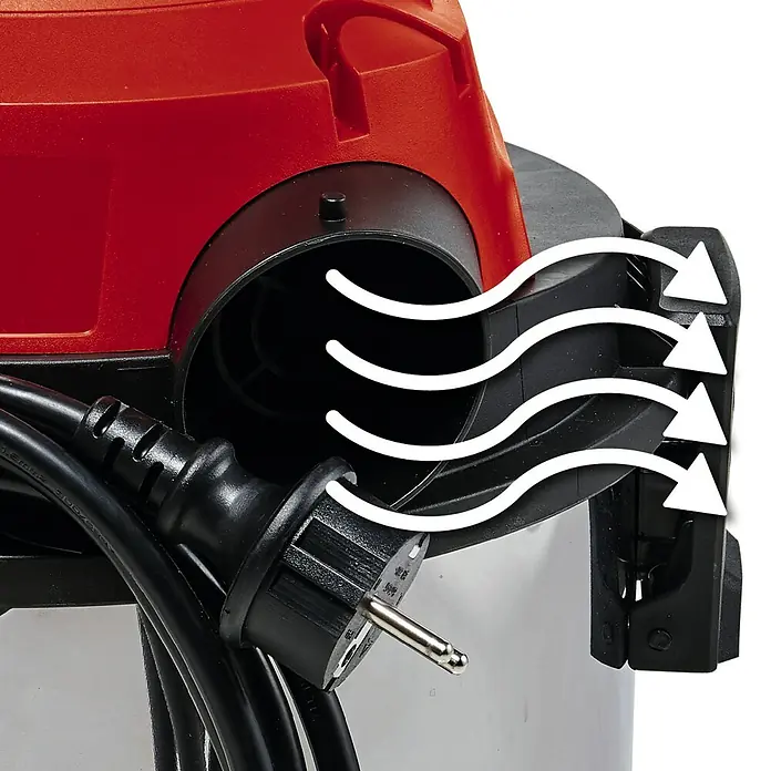 Einhell Elektro-Nass- & Trockensauger - 1.250 W, Behältervolumen: 20 l - Detailaufnahme eines Staubsaugers mit Stromkabel und Luftstromanzeige.