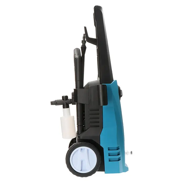 Koma Tools PRO Series Hidrolimpiadora de alta presión 08681 - 150 bar, 1.800 W, Capacidad de bombeo: 360 l/h - Primer plano de una hidrolimpiadora azul y negra con ruedas. Ideal para trabajos de limpieza al aire libre.
