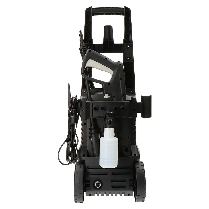 Koma Tools PRO Series Hidrolimpiadora de alta presión 08681 - 150 bar, 1.800 W, Capacidad de bombeo: 360 l/h - Primer plano de una hidrolimpiadora negra con ruedas, mango y dispensador de jabón blanco, ideal para tareas de limpieza exteriores.