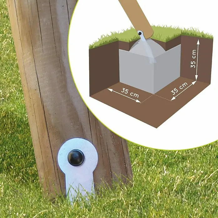 Soulet Doppelschaukel Polo - L x B x H: 30,7 x 18,9 x 22,2 cm, Holz - Eine Nahaufnahme eines Holzpfostens mit einer Metallhalterung, der in einem Würfel Betonfundament verankert ist, mit Größenangaben.