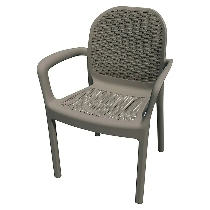 Silla de jardín Miranda - 50,5 x 58 x 83,5 cm, Taupé, Tecnopolímero, Fibra de vidrio, Apilable - Una silla gris de plástico con aspecto de ratán perfecta para uso exterior, como en el jardín o en el patio. La silla tiene reposabrazos y un asiento cómodo.