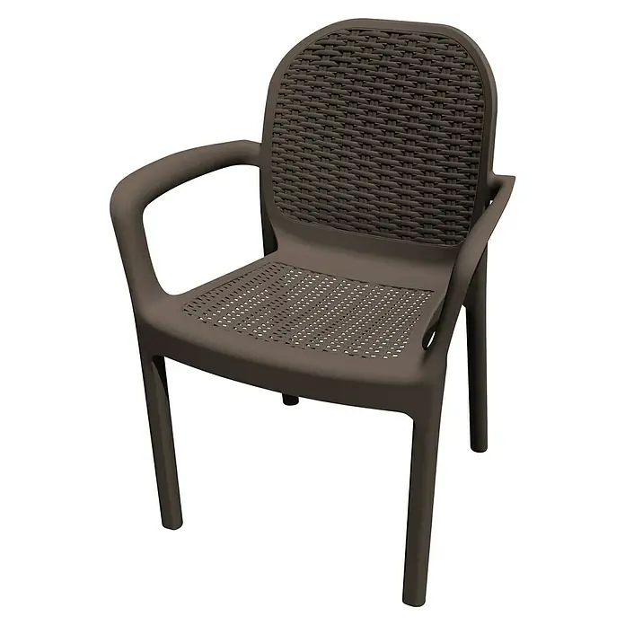 Silla de jardín Miranda - 50,5 x 58 x 83,5 cm, Wengué, Tecnopolímero, Fibra de vidrio, Apilable - Silla de plástico marrón con reposabrazos y diseño trenzado para uso exterior. La silla es robusta y resistente a la intemperie.