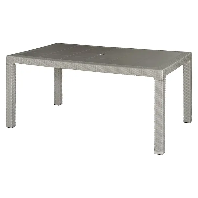 Mesa de jardín Bernedo - L x An x Al: 150 x 90 x 72 cm, Tecnopolímero/Fibra de vidrio, Taupe - La imagen muestra una mesa de comedor rectangular con una superficie de mimbre de plástico gris y cuatro patas robustas, ideal para uso exterior.