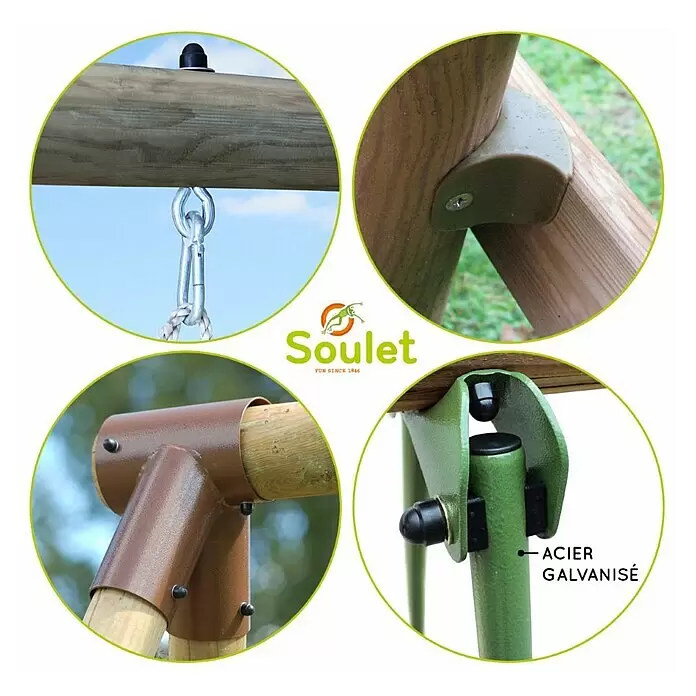 Soulet Schaukel Málaga - B x L: 283 x 282 cm, Holz - Soulet Schaukelbauteile: Holzbalken, braune Metall- und grüne verzinkte Stahlverbinder mit Karabinerhaken.