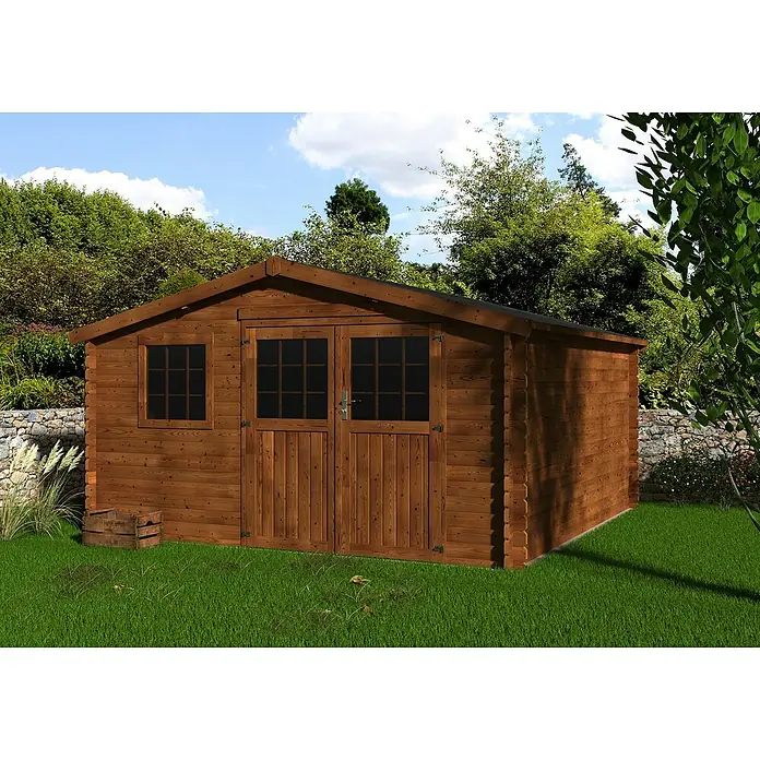 Décor et Jardin Caseta de jardín Vallauris - Medidas ext. (An x Pr): 414 x 403 cm, Espesor de pared: 34 mm, Marrón - Amplio cobertizo de jardín de madera con puertas dobles y ventana, ideal para guardar herramientas de jardín y muebles de exterior.
