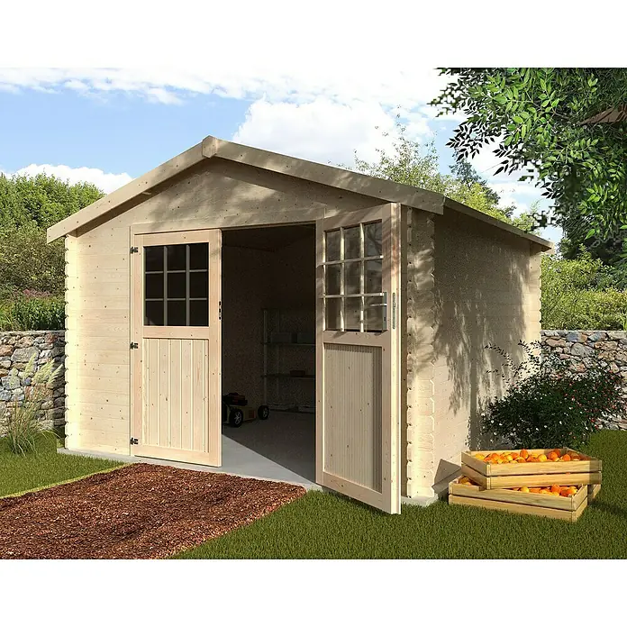 Décor et Jardin Caseta de jardín Flovene - Medidas ext. (An x Pr): 346 x 330 cm, Espesor de pared: 28 mm, Natural - Toma exterior de un cobertizo de madera con puertas dobles abiertas, que ofrece una vista del interior.