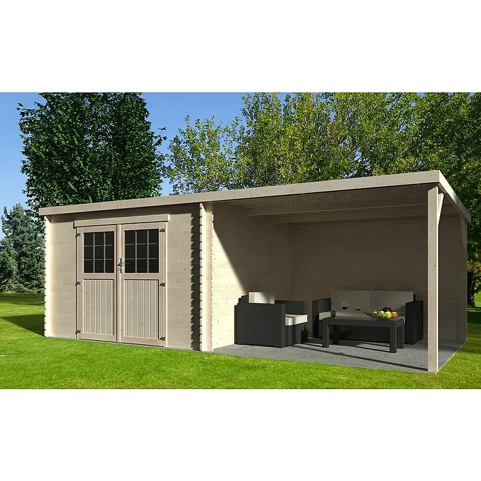 Décor et Jardin Caseta de jardín Eden N1 - Medidas ext. (An x Pr): 610 x 301 cm, Espesor de pared: 28 mm, Blanco - Una caseta de jardín de madera clara con un área cubierta, amueblada con muebles de jardín y un frutero. Ideal para momentos de relax al aire libre.