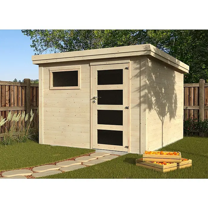 Décor et Jardin Caseta de jardín Paco - Medidas ext. (An x Pr): 300 x 305 cm, Espesor de pared: 28 mm, Blanco - Una caseta de jardín moderna de madera clara con techo plano, ventanas y puerta con paneles de vidrio. Ideal para almacenamiento y como un elemento elegante.