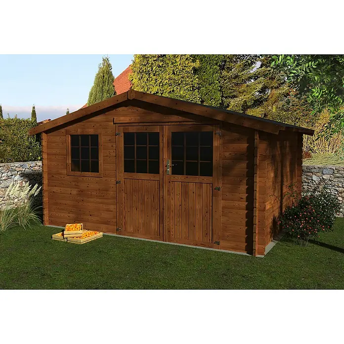 Décor et Jardin Caseta de jardín Valerian - Medidas ext. (An x Pr): 414 x 303 cm, Espesor de pared: 34 mm, Marrón - Una espaciosa caseta de jardín de madera con puertas dobles y ventana, ideal para el almacenamiento en el jardín.