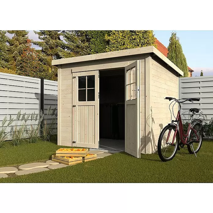 Décor et Jardin Gartenhaus Talion - Außenmaß inkl. Dachüberstand (B x T): 250 x 256 cm, Wandstärke: 19 mm, Natur - Heller Holz-Gartenschuppen mit offenen Türen, genutzt zur Lagerung in einem grünen Garten.