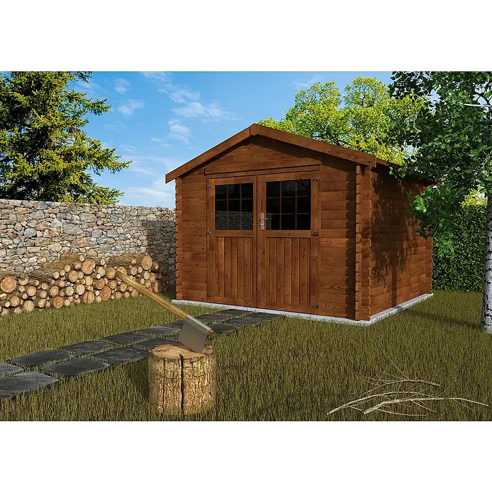 Décor et Jardin Caseta de jardín Valodeal - Medidas ext. (An x Pr): 317 x 302 cm, Espesor de pared: 34 mm, Marrón - Cobertizo rústico de madera con herramientas y pila de leña. Un refugio acogedor para la jardinería, con encanto natural y utilidad práctica.