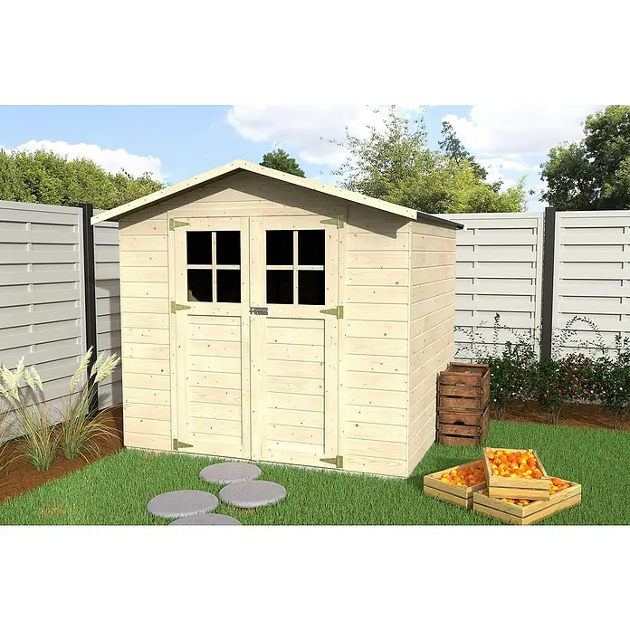 Décor et Jardin Gerätehaus Lode - Außenmaß inkl. Dachüberstand (B x T): 212 x 182 cm, Wandstärke: 12 mm, Natur - Holzschuppen mit Doppeltür und Fenstern, umgeben von Grün, bietet vielseitigen Stauraum im Garten.
