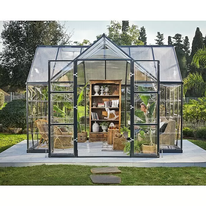 Palram – Canopia Gewächshaus Victory Orangerie - Außenmaß inkl. Dachüberstand (B x T): 365 x 306 cm, Material Seitenwand: Kunststoff, 0,7 mm, Anthrazit - Stimmungsaufnahme
