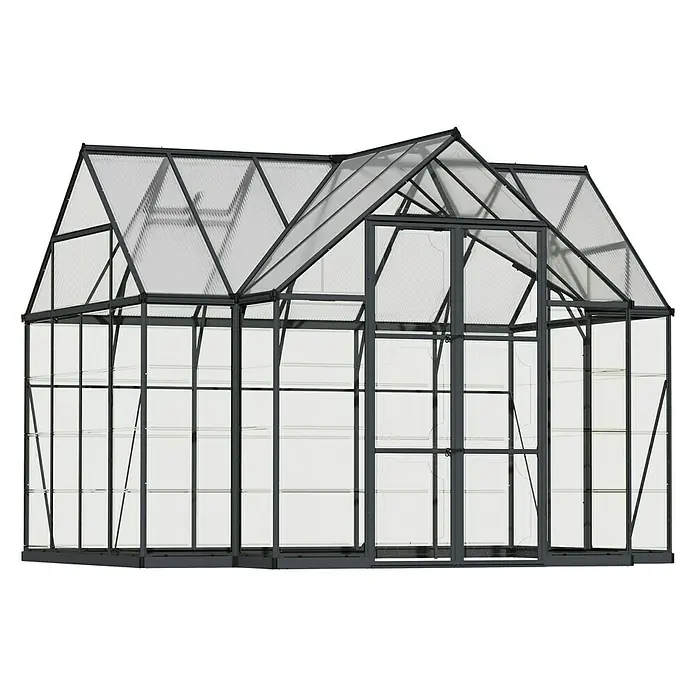 Palram – Canopia Gewächshaus Victory Orangerie - Außenmaß inkl. Dachüberstand (B x T): 365 x 306 cm, Material Seitenwand: Kunststoff, 0,7 mm, Anthrazit - Das Bild zeigt ein Gewächshaus mit einem schwarzen Rahmen und durchsichtigen Wänden, das für den Garten oder den Anbau von Pflanzen konzipiert ist.