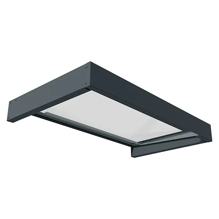 Palram – Canopia Pultvordach Sophia - 160 x 95 x 17 cm, Anthrazitgrau, Farbe Dach: Klar - Ein modernes, graues Vordach mit integrierter Beleuchtung bietet Schutz und stilvolles Design für jeden Eingangsbereich.