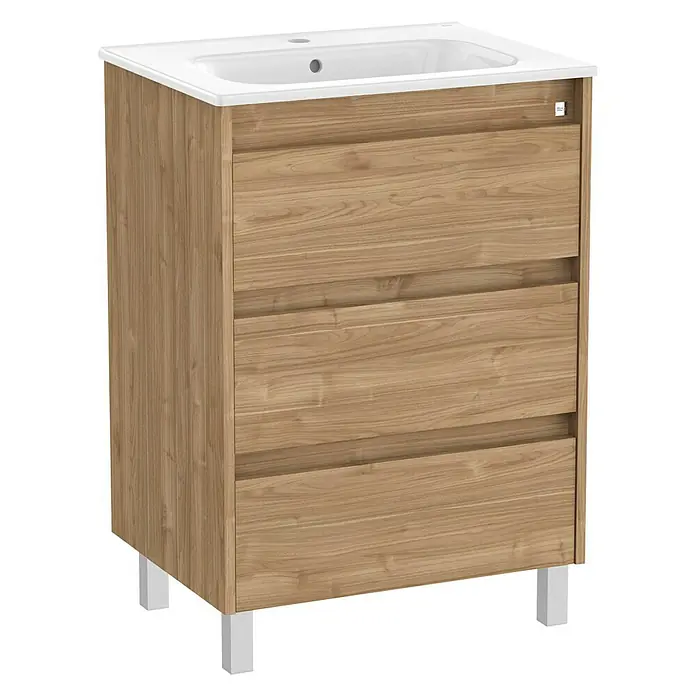 Roca Conjunto de mueble de baño Sagano - Ancho: 60 cm, Nogal, 2 pzs. - Imagen de un mueble de baño de madera con tres cajones y un lavabo blanco encima.