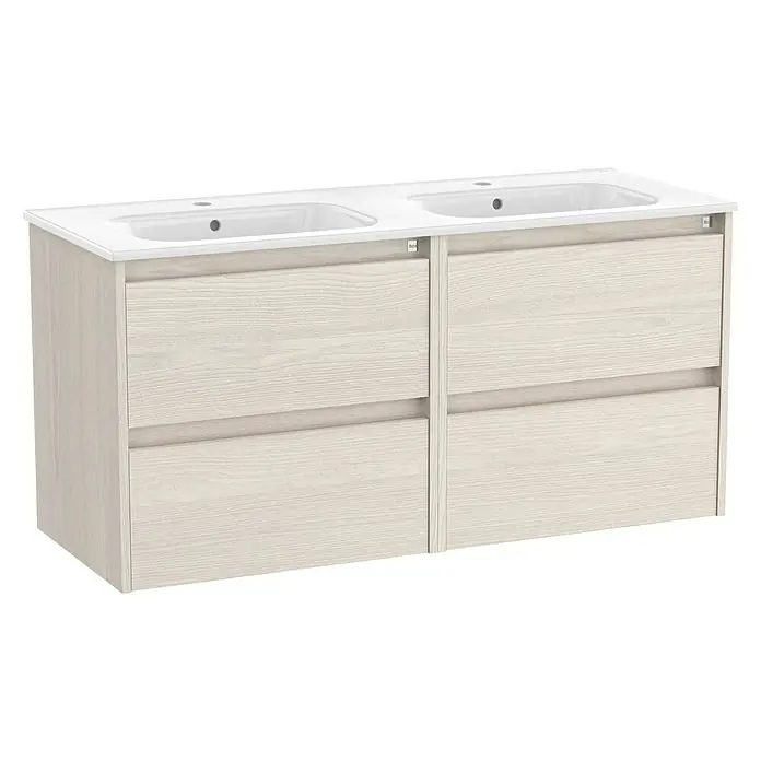 Roca Conjunto de mueble de baño Sagano doble - Nordic ash, Mate - Un moderno mueble de baño con dos lavabos y cajones con aspecto de madera. Un diseño práctico para baños con amplio espacio de almacenamiento.