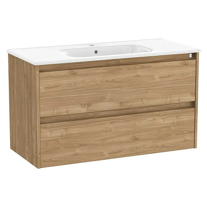 Roca Conjunto de mueble de baño Sagano 2C - Ancho: 100 cm, Nogal, 2 pzs. - Moderno conjunto de mueble de baño con dos cajones en aspecto madera y lavabo blanco para un diseño elegante.
