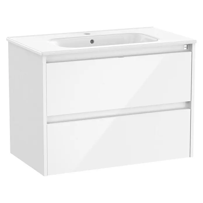 Roca Conjunto de mueble de baño Sagano - Ancho total del mueble de baño: 80,5 cm, Blanco, Brillante - Imagen de un mueble de lavabo blanco con dos cajones. El lavabo está integrado en la encimera.