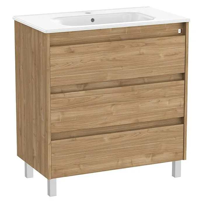 Roca Conjunto de mueble de baño Sagano - Ancho: 80 cm, Nogal, 2 pzs. - Un mueble de baño con tres cajones y un lavabo blanco. La superficie del mueble es de color madera.